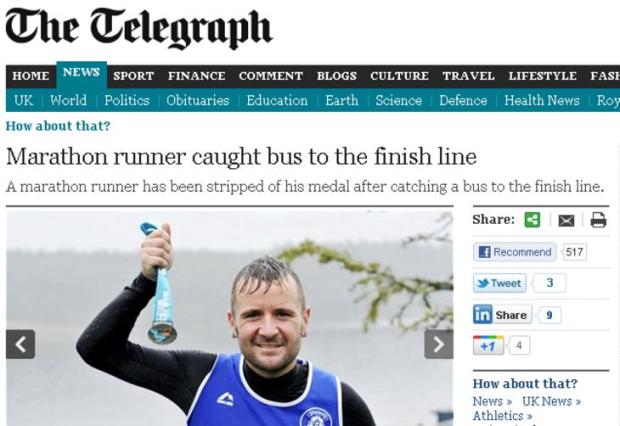 Maratonista perde medalha por pegar ônibus durante prova Reprodução,telegraph.co.uk/clicEsportes Maratonista perde medalha por pegar ônibus durante prova Reprodução,telegraph.co.uk/clicEsportes