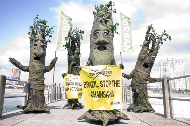 Vestidos de árvores, ativistas protestam contra o desmatamento da Amazônia John Robinson,Greenpeace/AP