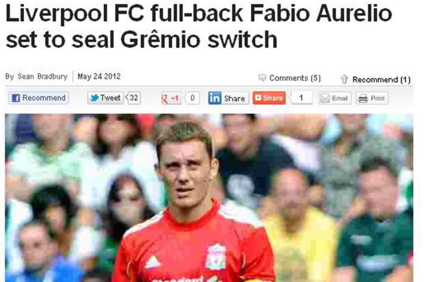 Site inglês destaca "gols espetaculares" de Fábio Aurélio no Liverpool Reprodução/
