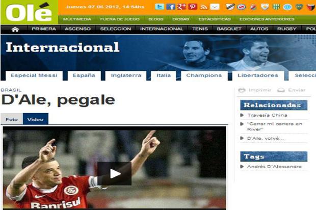 Olé destaca golaço de D'Alessandro contra o São Paulo Reprodução, Olé/ Olé destaca golaço de D'Alessandro contra o São Paulo Reprodução, Olé/