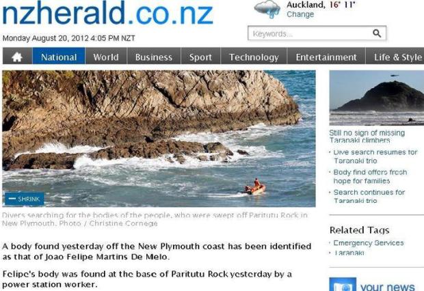 Corpo de brasileiro desaparecido na Nova Zelândia foi encontrado, diz jornal NZHerald/Reprodução Corpo de brasileiro desaparecido na Nova Zelândia foi encontrado, diz jornal NZHerald/Reprodução