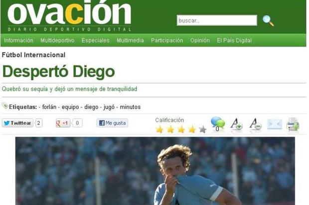 Gols de Forlán viram destaque na imprensa uruguaia: "Diego despertou" Reprodução/