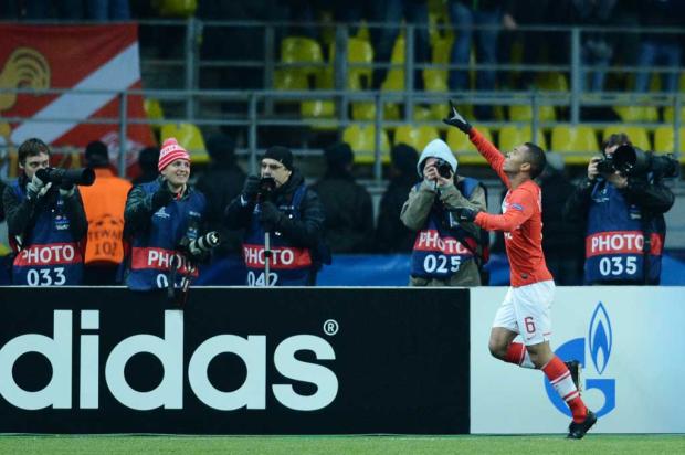 Rafael Carioca comemora gol pelo Spartak Moscou na Liga dos Campeões Natalia Kolesnikova/AFP/ Rafael Carioca comemora gol pelo Spartak Moscou na Liga dos Campeões Natalia Kolesnikova/AFP/