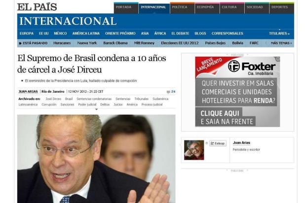 Imprensa internacional repercute condenação de Dirceu a dez anos de prisão Reprodução/Internet