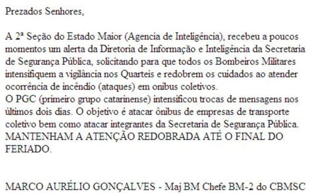 Secretaria de Segurança alertou órgãos de segurança sobre atentados em Florianópolis Reprodução/Reprodução