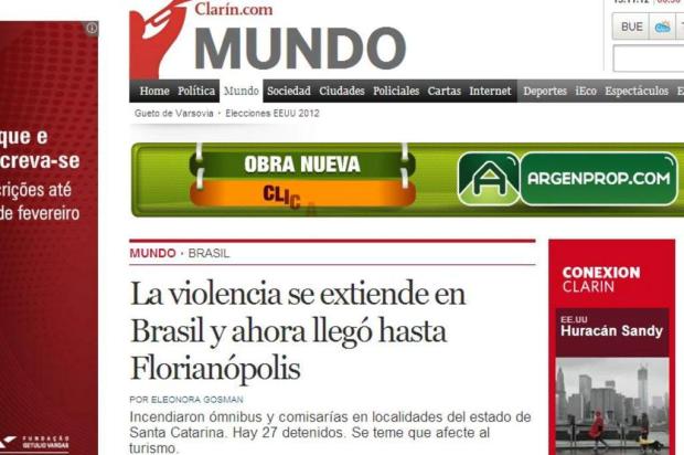 Ataques a Florianópolis ganham repercussão em jornal argentino Clarin.com/Reprodução Ataques a Florianópolis ganham repercussão em jornal argentino Clarin.com/Reprodução