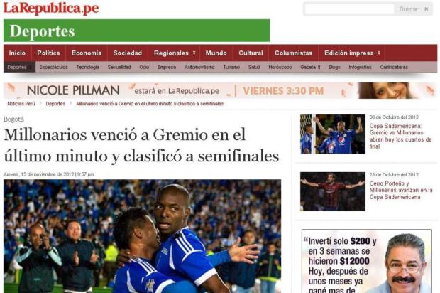Imprensa colombiana destaca "gol para cardíaco" do Millonarios sobre o Grêmio Reprodução/LaRepublica Imprensa colombiana destaca "gol para cardíaco" do Millonarios sobre o Grêmio Reprodução/LaRepublica
