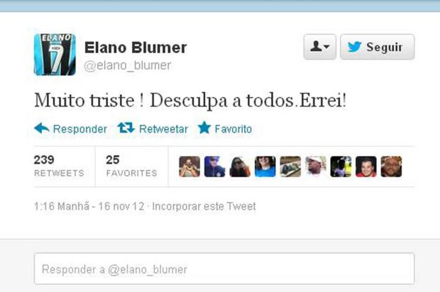 Pelo Twitter, Elano pede desculpas por agressão a assistente após eliminação Reprodução/Twitter/