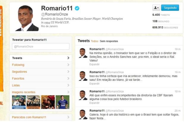 Pelo Twitter, Romário comemora saída de Mano Menezes e pede Felipão Reprodução/Twitter Pelo Twitter, Romário comemora saída de Mano Menezes e pede Felipão Reprodução/Twitter