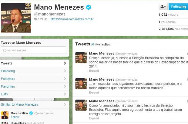 Pelo Twitter, Mano Menezes agradece grupo de jogadores da Seleção Reprodução, Twitter/ Pelo Twitter, Mano Menezes agradece grupo de jogadores da Seleção Reprodução, Twitter/