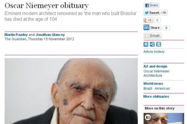 Jornal britânico publica obituário de Niemeyer escrito por jornalista morto em 2008 Reprodução/Guardian.co.uk Jornal britânico publica obituário de Niemeyer escrito por jornalista morto em 2008 Reprodução/Guardian.co.uk