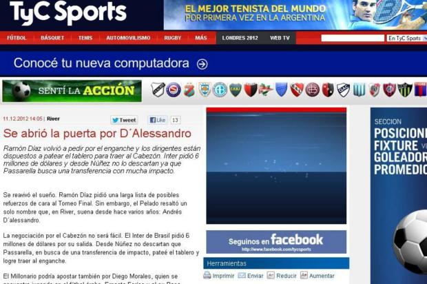 "Abriu-se a porta para D'Alessandro" voltar ao River, diz site de TV argentina Reprodução/TyCSports "Abriu-se a porta para D'Alessandro" voltar ao River, diz site de TV argentina Reprodução/TyCSports
