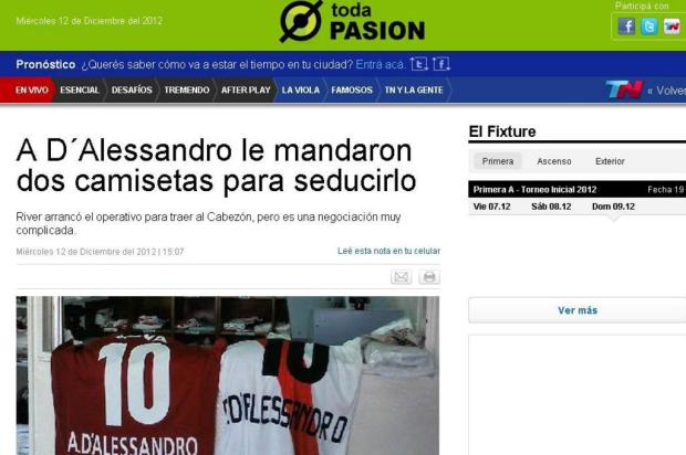 "Operação sedução": Site argentino destaca envio de camisas do River a D'Ale Reprodução/TodaPasion