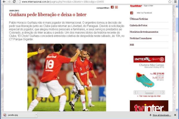 No site oficial, Inter oficializa saída de Guiñazu Reprodução/ Site oficial- Inter/