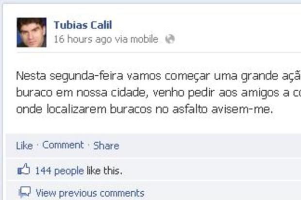 Secretário pede que população use o Facebook para dizer onde estão os buracos de Santa Maria reprodução/Reprodução Secretário pede que população use o Facebook para dizer onde estão os buracos de Santa Maria reprodução/Reprodução