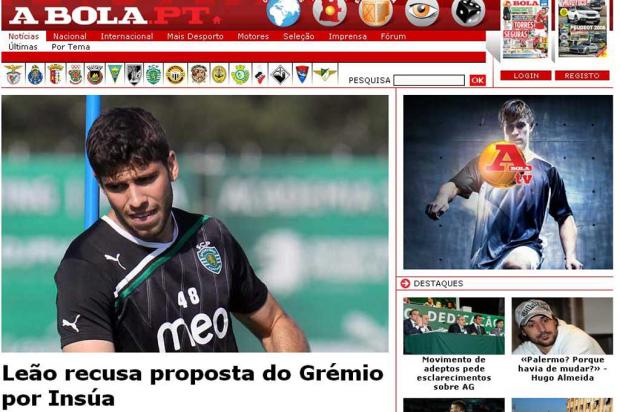 Sporting recusa proposta do Grêmio pelo lateral Insúa, informa jornal português A Bola/Reprodução/ Sporting recusa proposta do Grêmio pelo lateral Insúa, informa jornal português A Bola/Reprodução/