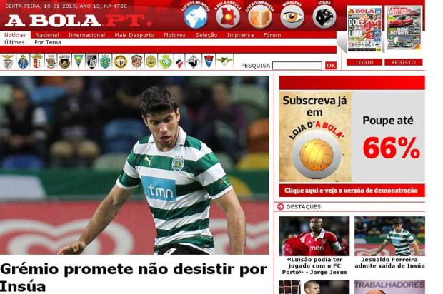 Grêmio pode insistir na tentativa de contratar Insúa, diz jornal português A Bola/Reprodução/ Grêmio pode insistir na tentativa de contratar Insúa, diz jornal português A Bola/Reprodução/