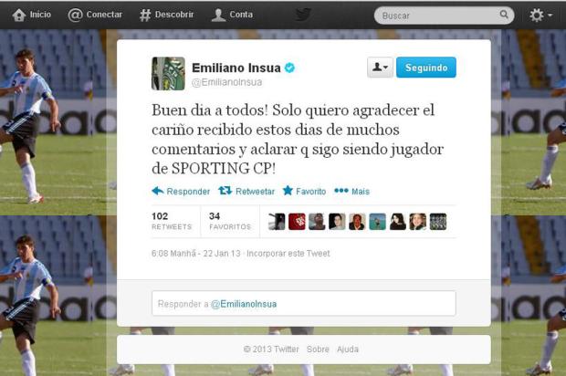 Pelo Twitter, Insúa se manifesta e garante que ainda é jogador do Sporting Reprodução/Twitter/ Pelo Twitter, Insúa se manifesta e garante que ainda é jogador do Sporting Reprodução/Twitter/