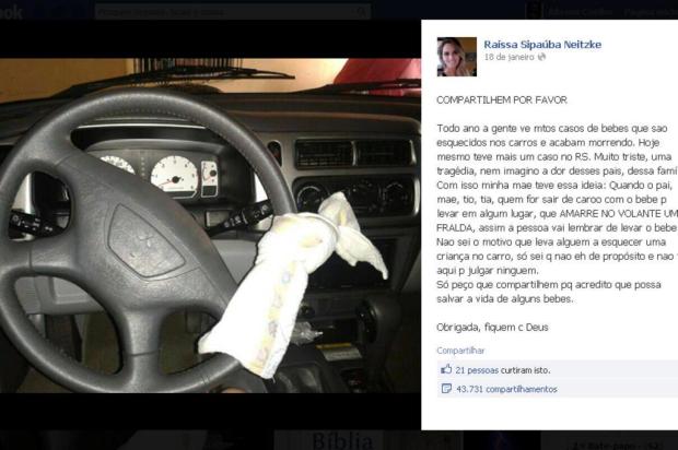 Campanha pede que familiares coloquem uma fralda no volante para não esquecer crianças no carro Reprodução Facebook/Arquivo Pessoal Campanha pede que familiares coloquem uma fralda no volante para não esquecer crianças no carro Reprodução Facebook/Arquivo Pessoal