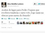 Ana Amélia Lemos muda voto e anuncia apoio a Pedro Taques para presidir o Senado Reprodução/Twitter
