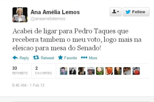 Ana Amélia Lemos muda voto e anuncia apoio a Pedro Taques para presidir o Senado Reprodução/Twitter