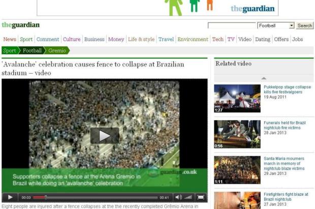 Imprensa internacional destaca incidente com avalanche na Arena do Grêmio Divulgação/The Guardian Imprensa internacional destaca incidente com avalanche na Arena do Grêmio Divulgação/The Guardian
