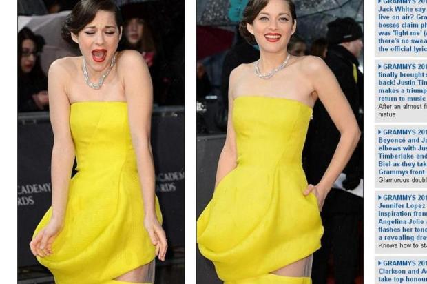 Marion Cotillard usa mesmo modelo de vestido "rasgado" de Jennifer Lawrence  Daily Mail/Reprodução