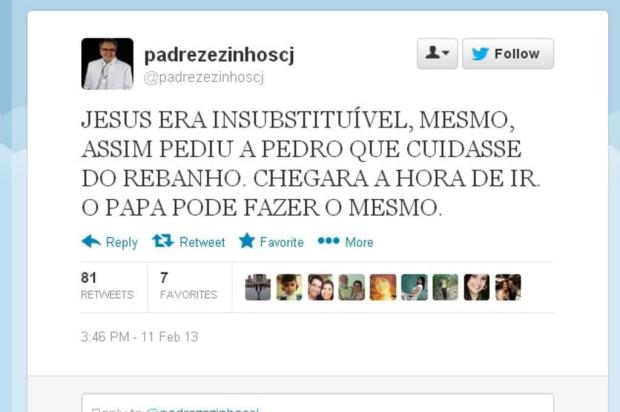 Personalidades comentam renúncia de Bento XVI no Twitter Reprodução/Twitter Personalidades comentam renúncia de Bento XVI no Twitter Reprodução/Twitter