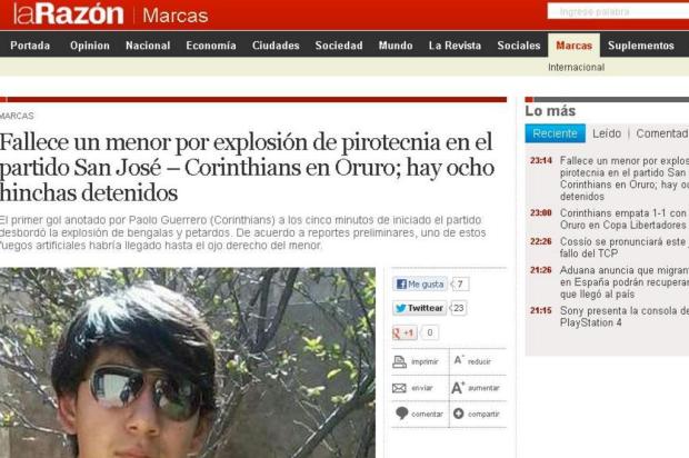 Torcedor morre ao ser atingido por sinalizador arremessado por corintianos Reprodução/La Razón Torcedor morre ao ser atingido por sinalizador arremessado por corintianos Reprodução/La Razón