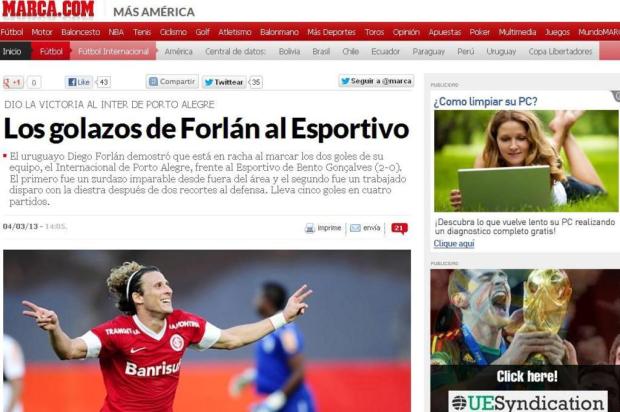 Jornal espanhol também destaca golaços de Forlán pelo Inter contra o Esportivo Reprodução/Marca Jornal espanhol também destaca golaços de Forlán pelo Inter contra o Esportivo Reprodução/Marca