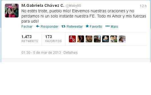 Filha de Chávez pede "orações e fé" no Twitter Divulgação/Reprodução Filha de Chávez pede "orações e fé" no Twitter Divulgação/Reprodução