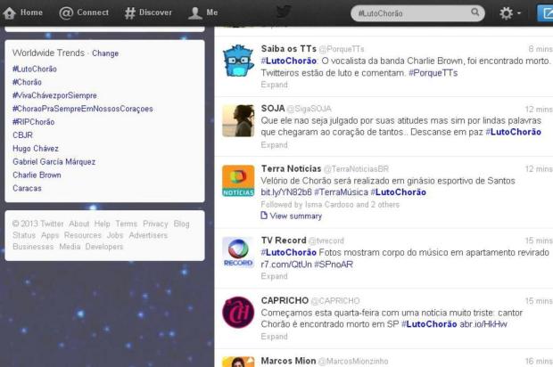 Repercussão da morte de Chorão domina Trending Topics do Twitter Twitter/Reprodução Repercussão da morte de Chorão domina Trending Topics do Twitter Twitter/Reprodução