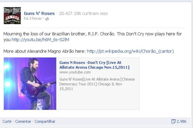 Guns n' Roses publica homenagem a Chorão no Facebook Reprodução/Facebook.com Guns n' Roses publica homenagem a Chorão no Facebook Reprodução/Facebook.com