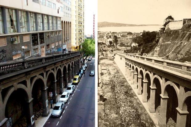 Compare o cenário do viaduto Otávio Rocha em 1932 com o atual Montagem sobre foto de Ricardo Chaves e Acervo Joaquim José Felizardo/Reprodução
