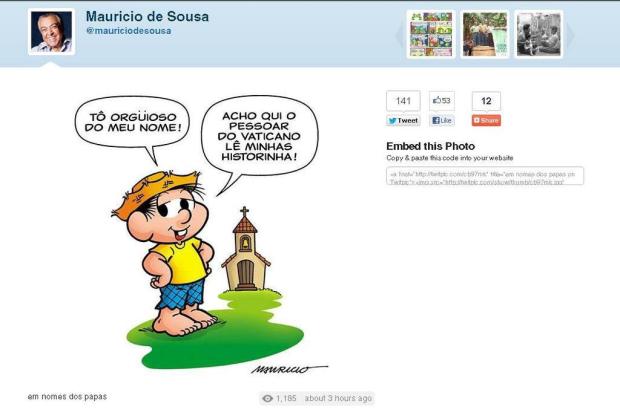 Mauricio de Sousa publica homenagem de Chico Bento ao Papa Francisco Reprodução/Twitter