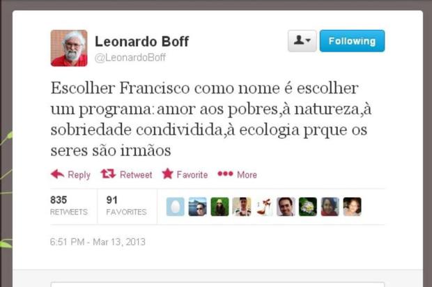 Leonardo Boff elogia o papa Francisco no Twitter Reprodução/Twitter Leonardo Boff elogia o papa Francisco no Twitter Reprodução/Twitter