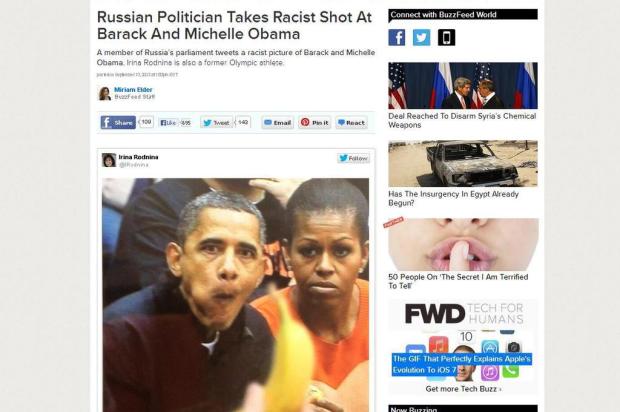 Deputada russa publica foto de Obama com uma banana e é acusada de racismo Reprodução/BuzzFeed Deputada russa publica foto de Obama com uma banana e é acusada de racismo Reprodução/BuzzFeed