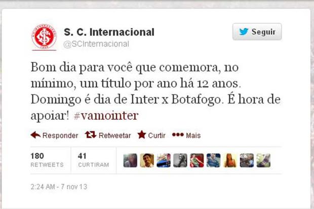 Pelo Twitter oficial, Inter alfineta o Grêmio e cita títulos nos últimos 12 anos Reprodução/