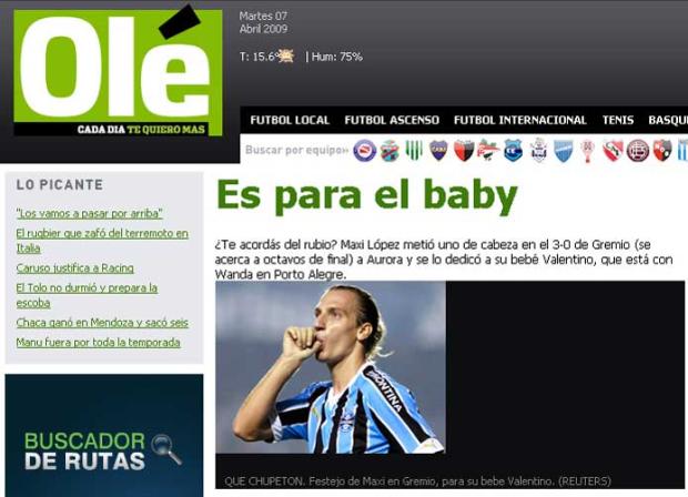 Jornal Olé destaca atuação de Maxi López Olé, Reprodução/ Jornal Olé destaca atuação de Maxi López Olé, Reprodução/