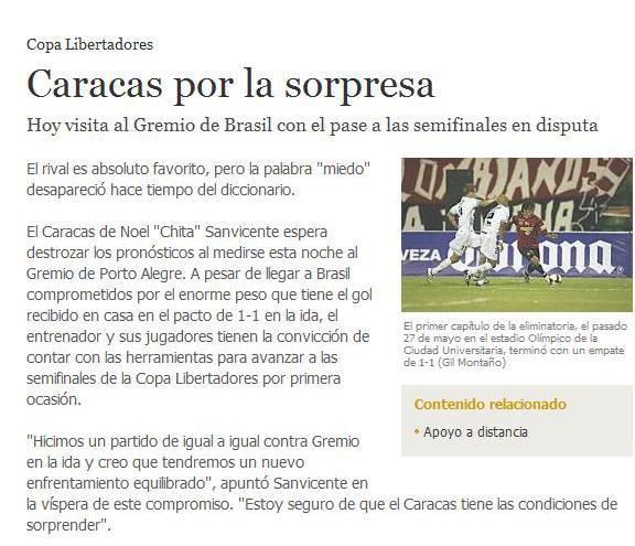 Jornais venezuelanos citam que Caracas aprendeu a lição diante do Santos em 2007 Reprodução, El Universal/