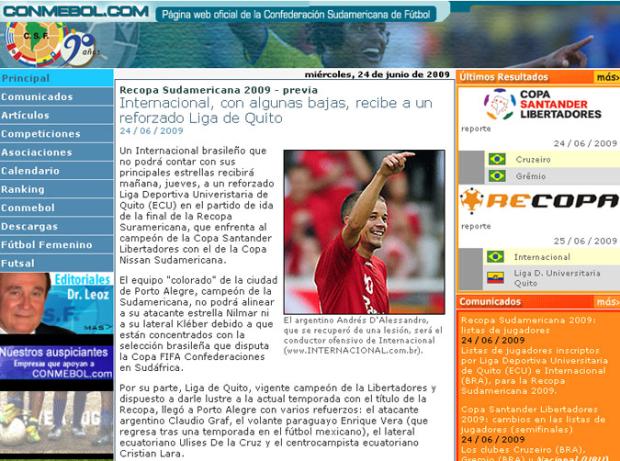 Inter é destaque no site da Conmebol Reprodução/ Inter é destaque no site da Conmebol Reprodução/
