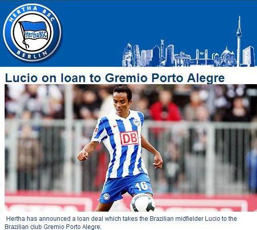 Hertha Berlim confirma empréstimo de Lúcio ao Grêmio Reprodução / Hertha Berlim confirma empréstimo de Lúcio ao Grêmio Reprodução /