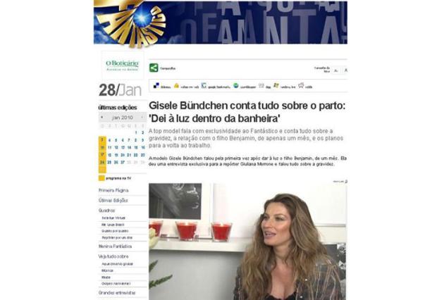 Gisele Bündchen revela que o parto do bebê foi na banheira de sua casa Reprodução, Globo.com/clicRBS