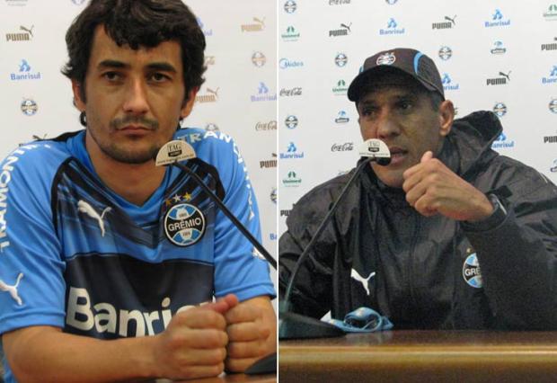 Douglas quer jogar com a bola no pé, mas Silas avisa: "Ele vai correr atrás dela também" Montagem sobre fotos Agência RBS /